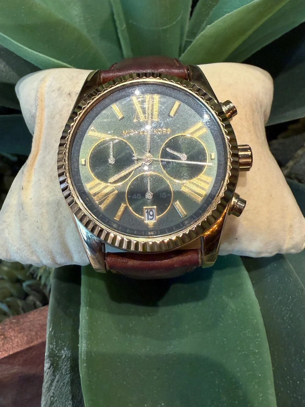 Michael Kors MK2437 Green Dial Chronograph Watch | Gold Tone Brown Leather